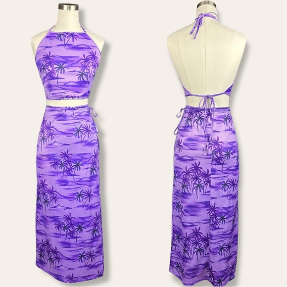 Vintage 90’s Palm Hawaiian Print Tie Halter Crop Top MIDI Wrap Skirt Set - Picture 3 of 16